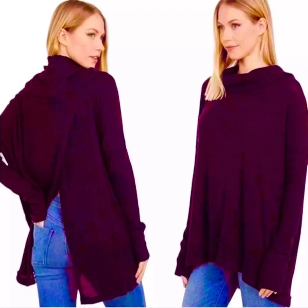 Free People Juicy Burgundy Cowl Neck Split Back Oversized Sweater Small NWT